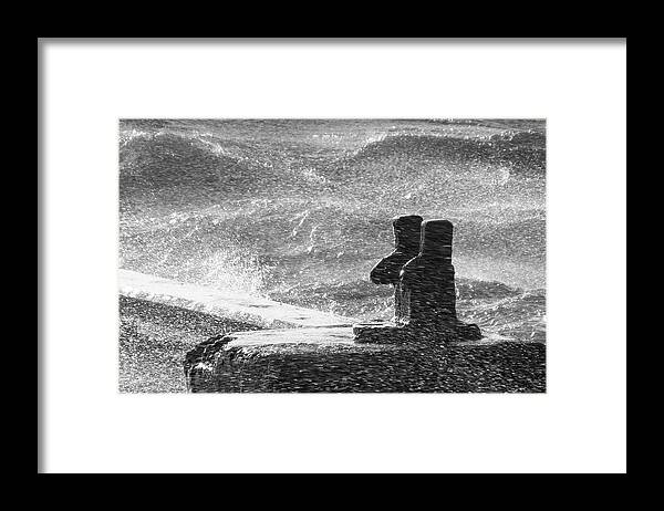 Stormy Waters At The Harbor Bw Framed Print featuring the photograph Stormy waters at the harbor BW by Kim Lessel