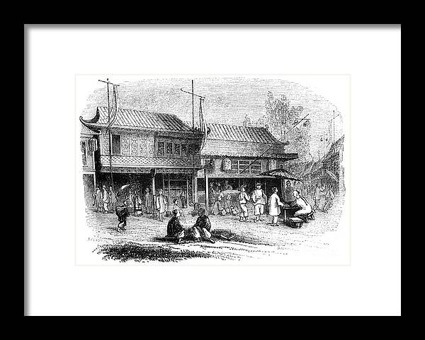 Engraving Framed Print featuring the drawing Street And Shops In Pekin, 1847.artist by Print Collector