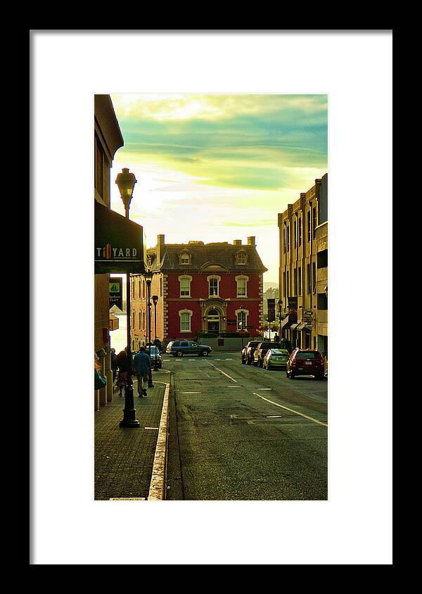 Street Scene Framed Print featuring the photograph Street at sunset in Victoria BC by Segura Shaw Photography