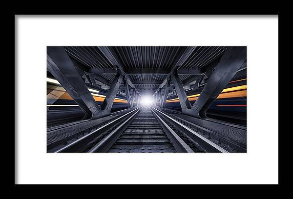 Train Framed Print featuring the photograph Street Of Night Trains by Alexander Karman
