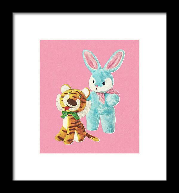 Animal Framed Print featuring the drawing Stuffed Tiger and Bunny Toys by CSA Images