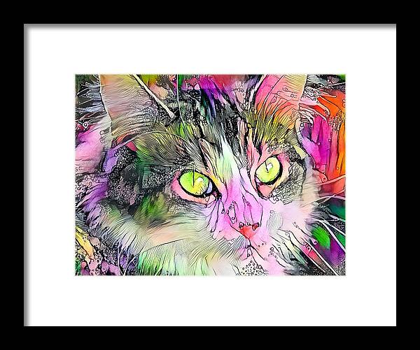 Watercolor. Green Framed Print featuring the digital art Stunning Watercolor Cat Face Green Eyes by Don Northup