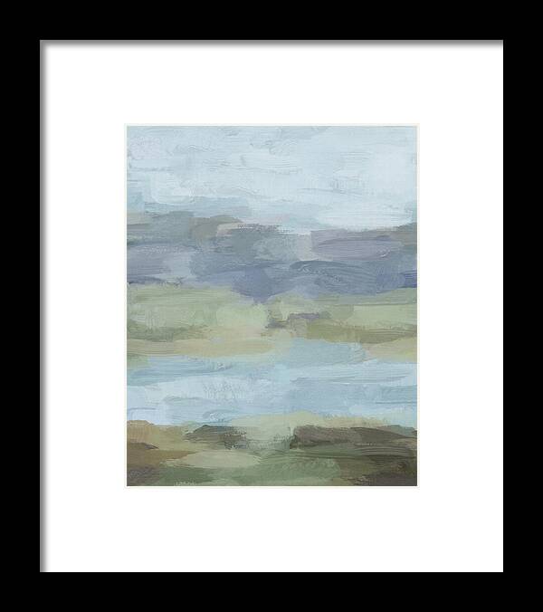 Sky Gray Blue Sage Green Framed Print featuring the painting Summer at the Lake by Rachel Elise
