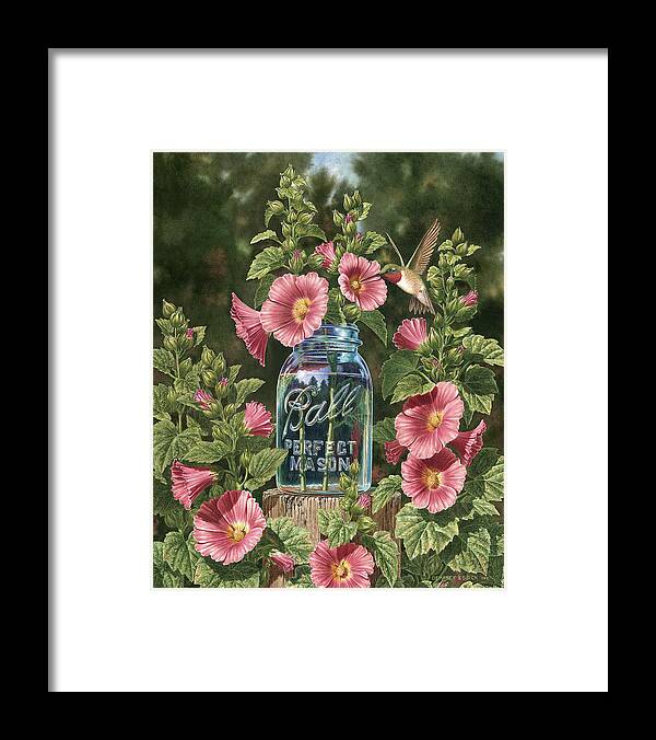 Hummingbird Framed Print featuring the painting Summer Hollyhocks by Dempsey Essick
