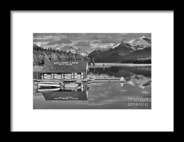 Maligne Framed Print featuring the photograph Summer Reflections On Maligne Lake Black And White by Adam Jewell