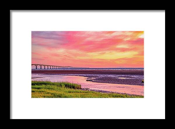 Pei Framed Print featuring the photograph Summer Sunset at Confederation Bridge, Painterly by Marcy Wielfaert