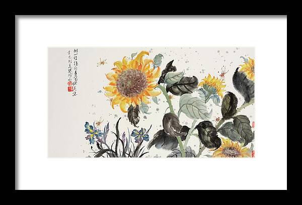Chinese Watercolor Framed Print featuring the painting Sunflower and Dragonfly by Jenny Sanders