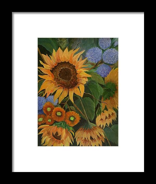 Sunflowers. Large Leaves Framed Print featuring the painting Sunflowers in my Garden by Jane Ricker