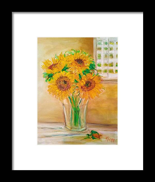 Sunflowers With Their Green Stems And Bright Colors In A Half Filled Water Vase. Hippiessunflowers Framed Print featuring the painting Sunflowers by Kathy Knopp