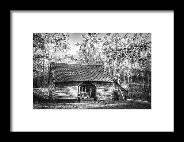 Barn Framed Print featuring the photograph Sunlight on the Barn in Spring in Black and White by Debra and Dave Vanderlaan