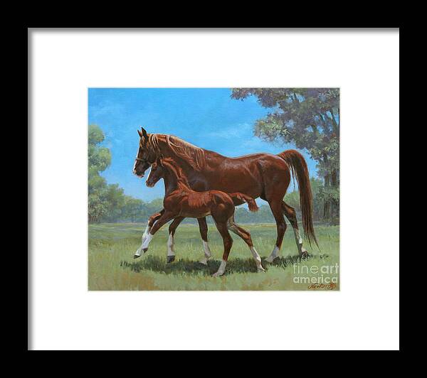 Mare And Foal Framed Print featuring the painting Sunny Days by Jeanne Newton Schoborg