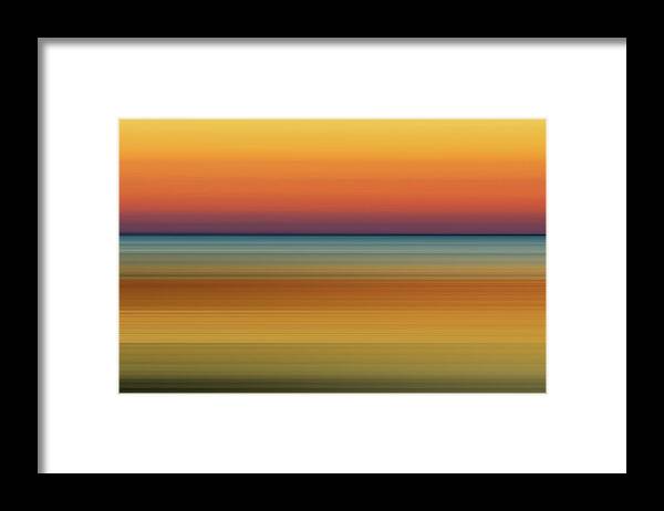 Sunrise Sunset Horizon Photography Digital Artwork Photography Based Digital Art Blur Motion Blur Sky Water Ocean Lake Morning Evening Sun Warm Saturated Colorful Color Abstract Landscape Blue Orange Cyan Yellow Red Blue Hour Golden Hour Calm Smooth Peaceful Quiet Rise Set Dawn Dusk Glow Scott Norris Creative; Scott Norris Photography Framed Print featuring the photograph Sunrise 3 by Scott Norris