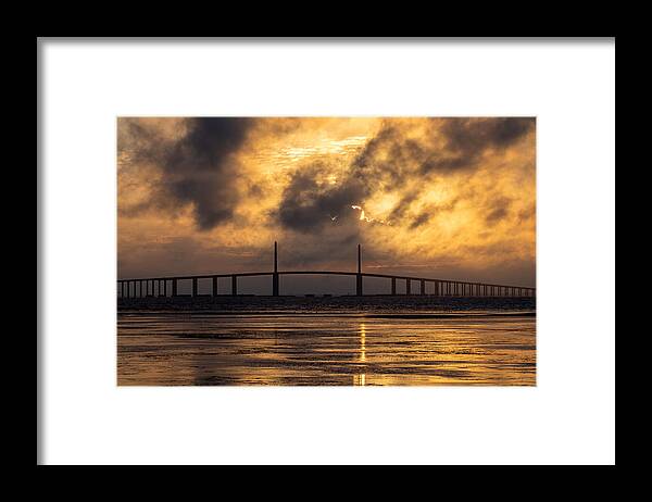 Sunrise Framed Print featuring the photograph Sunrise above the Sunshine Skyway in Tampa Bay by L Bosco