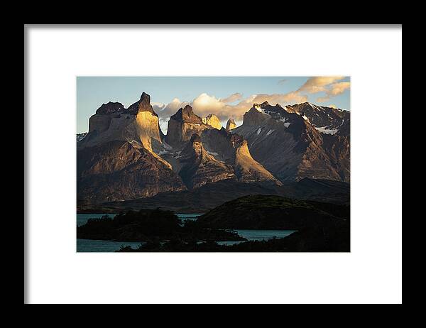 Chile Framed Print featuring the photograph Sunrise at Los Curenos in Torres del Paine National Park, Chile by Kamran Ali