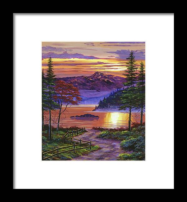 Landscape Framed Print featuring the painting Sunrise At Misty Lake by David Lloyd Glover