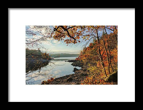 Lynn Framed Print featuring the photograph Sunrise on Breeds Pond Lynn Woods Lynn Massachusetts Fall Foliage Trees by Toby McGuire