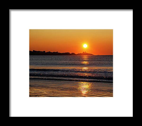 York Framed Print featuring the photograph Sunrise over the Nubble Lighthouse from Long Sands Beach Long Beach York Maine by Toby McGuire