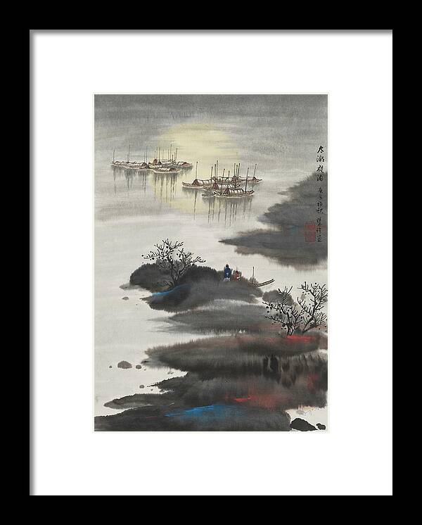 Chinese Watercolor Framed Print featuring the painting Moonrise on Taihu Lake by Jenny Sanders