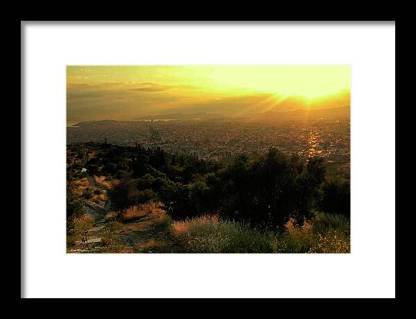 Landscape Framed Print featuring the photograph Sunset over Athens Greece by Gerlinde Keating