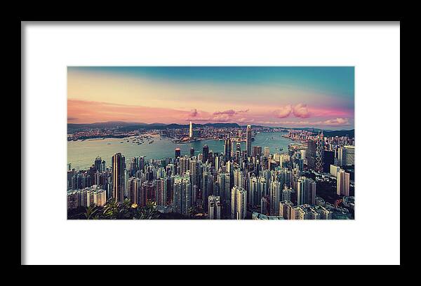 Tranquility Framed Print featuring the photograph Sunset Over City Skyline And Victoria by D3sign