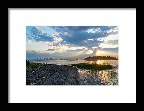 Winthrop Framed Print featuring the photograph Sunset over Snake Island in Winthrop MA from Coughlin Park Green Grass Boston Skyline by Toby McGuire