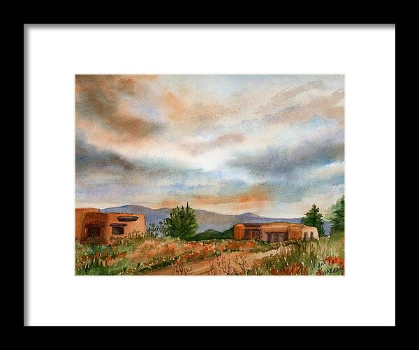 Stormy Sky Framed Print featuring the painting Sunset Over Taos by Martha Lancaster