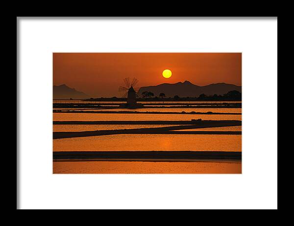 Environmental Conservation Framed Print featuring the photograph Sunset Over The Saltpans And A Windmill by Dallas Stribley
