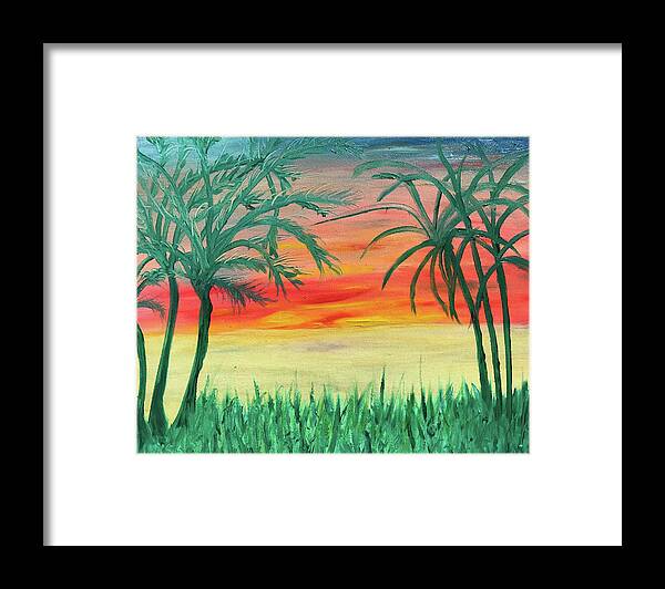 Sunset Framed Print featuring the painting Sunset with Palm Trees #2 by Susan Grunin