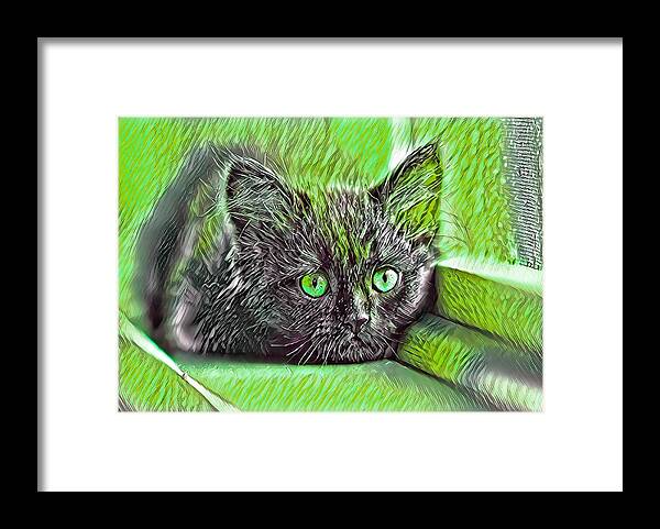 Green Framed Print featuring the digital art Super Cool Black Cat Green Eyes by Don Northup