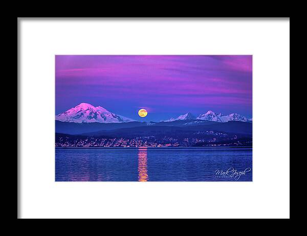 Moon Framed Print featuring the photograph Supermoon with Mt. Baker Alpenglow by Mark Joseph