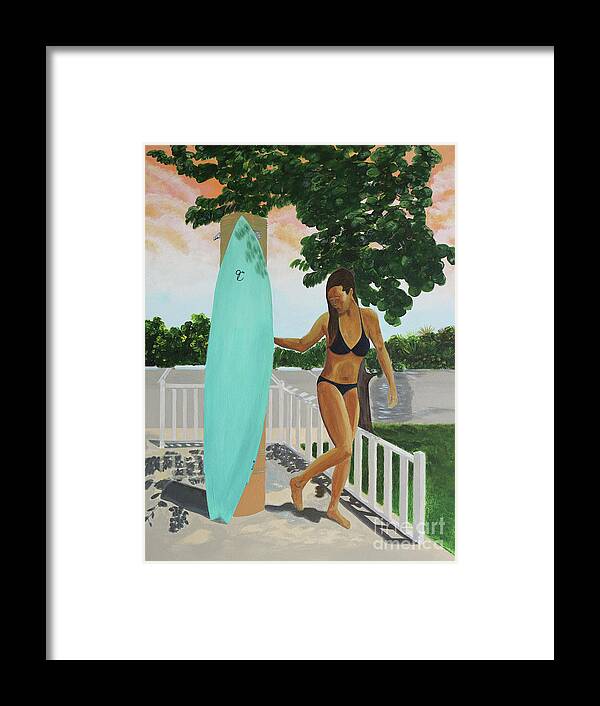 Beach Framed Print featuring the painting Surfer Girl Beach Shower by Jenn C Lindquist