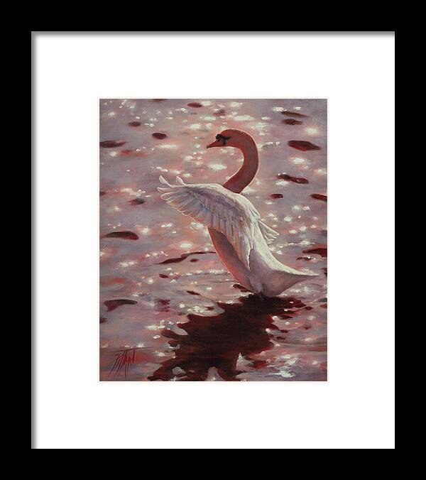 Swan Framed Print featuring the painting Pink Sunset Swan by Lynne Pittard