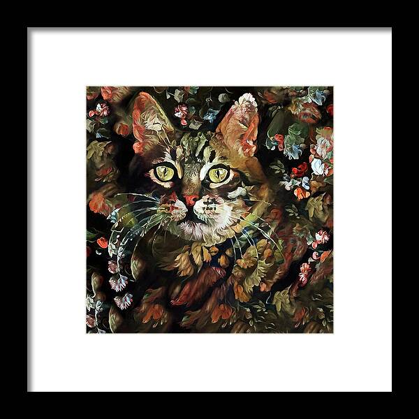 Cat Framed Print featuring the digital art Tabby Cat Old World Floral by Peggy Collins