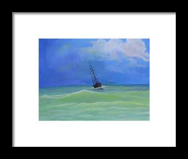 This Is An Oil Painting Of A Sailing Ship In A Ocean Storm. There Are Large Ocean Waves And A Stormy Clouds Approaching The Ship. The Sea Is Green And Blue With Waves Hitting The Ship. The Tall Ship Does Not Have It's Sails Exposed To The Coming Storm. The Waves Are Becoming Larger As They Approach The Ship. The Painting Is Not Framed. This Is An Affordable Gift For Anyone. This Painting Will Fit In Any Home Decor. The Size Of This Painting Is 12 By 16 Inches And Easy To Hang On A Wall. Framed Print featuring the painting Tall Ship by Martin Schmidt