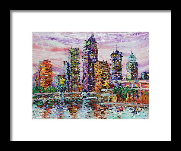  Framed Print featuring the painting Tampa skyline at Sunset by Jyotika Shroff