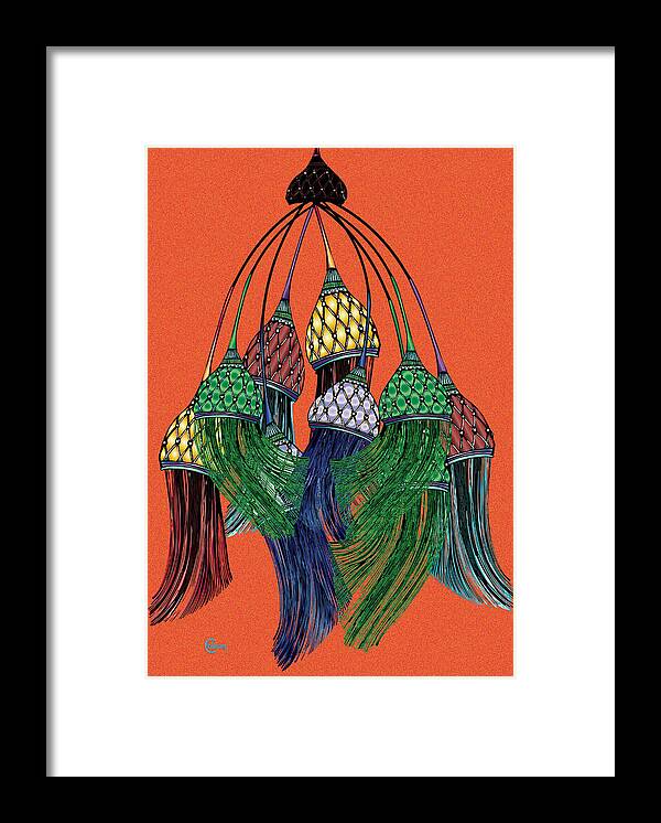 Tassel Framed Print featuring the drawing Tassel Baubles Orange by Cecely Bloom