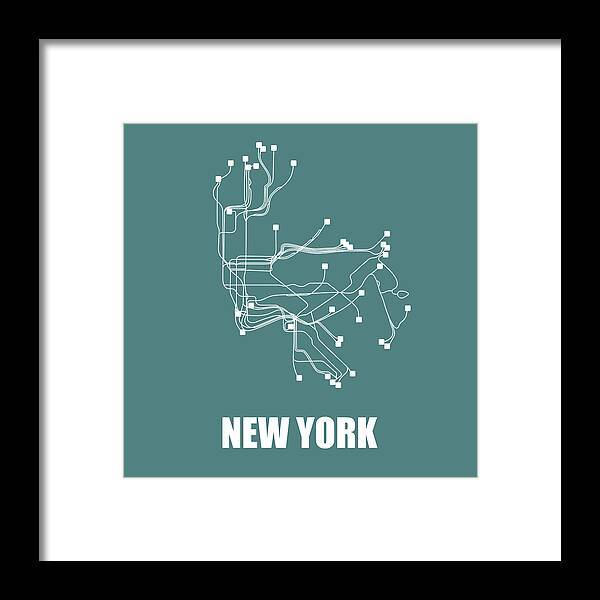 New York Framed Print featuring the digital art Teal New York Subway Map by Naxart Studio