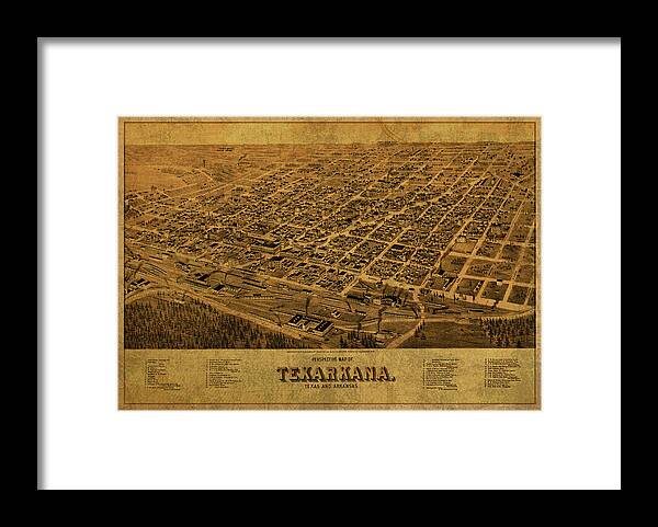 Texarkana Framed Print featuring the mixed media Texarkana Texas Arkansas Vintage City Street Map 1888 by Design Turnpike