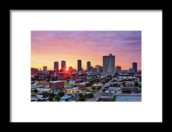 Downtown District Framed Print featuring the photograph Texas, Fort Worth Skyline At Sunrise by Jeremy Woodhouse