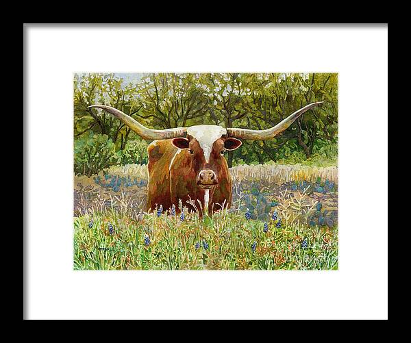 Longhorn Framed Print featuring the painting Texas Longhorn by Hailey E Herrera