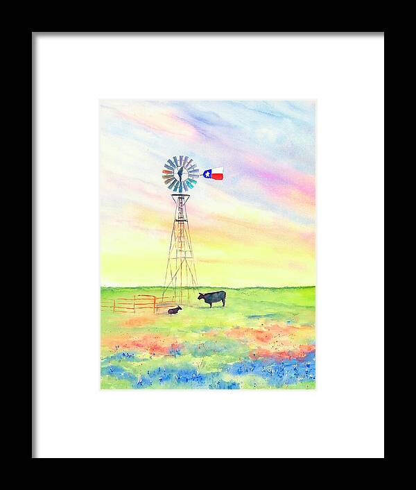 Texas Framed Print featuring the painting Texas Windmill Bluebonnets and Cattle by Carlin Blahnik CarlinArtWatercolor