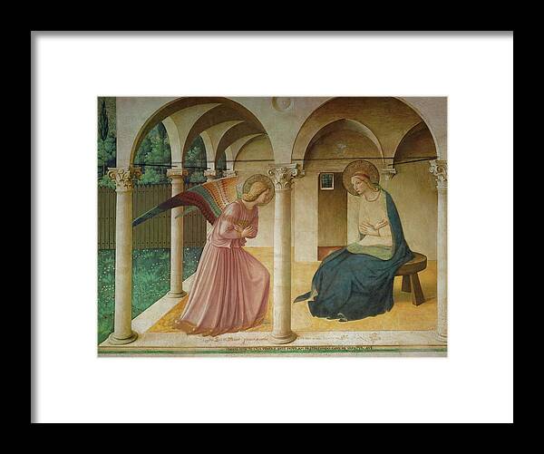 Archangel Gabriel Framed Print featuring the painting The Annunciation. Fresco in the former dormitory of the Dominican monastery San Marco, Florence. by Fra Angelico -c 1395-1455-