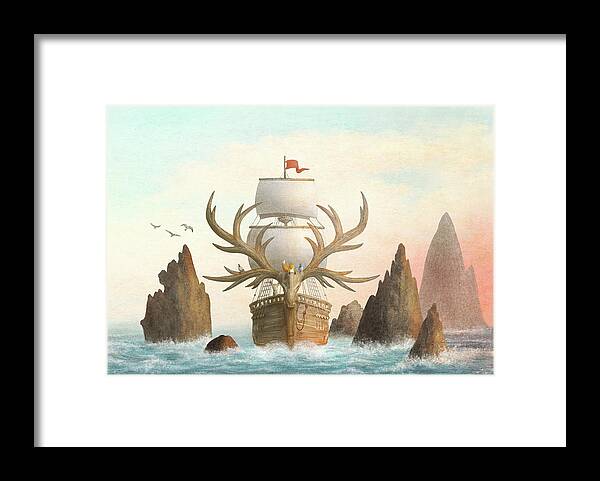 Ship Framed Print featuring the drawing The Antlered Ship by Eric Fan