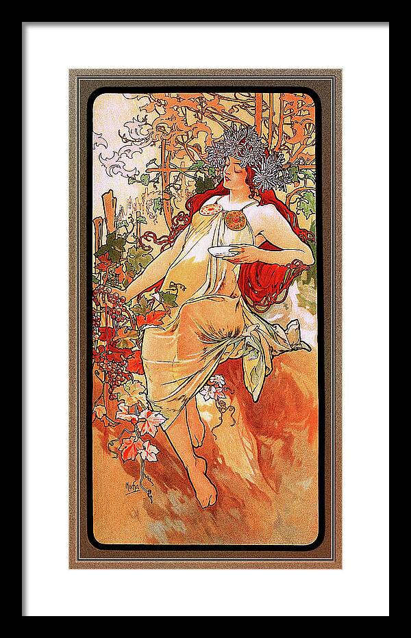 The Autumn Framed Print featuring the painting The Autumn by Alphonse Mucha by Rolando Burbon