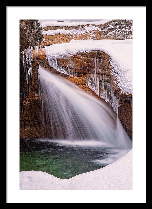 Franconia Notch Framed Print featuring the photograph The Basin, Close Up In A Winter Storm by Jeff Sinon