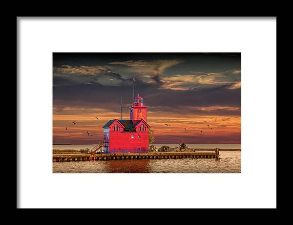 Art Framed Print featuring the photograph The Big Red Lighthouse at Sunset on Lake Michigan by Ottawa Beac by Randall Nyhof