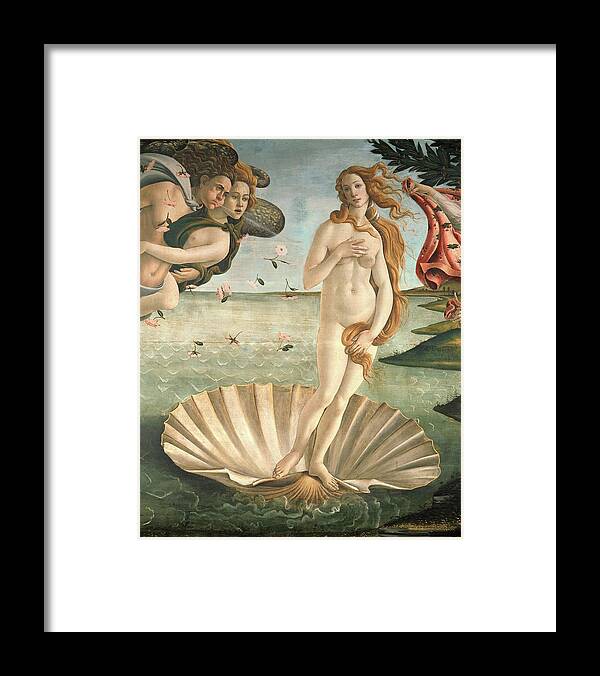 Aphrodite Framed Print featuring the painting The Birth of Venus, 1478. Detail of the Birth of Venus in scallop shell. SANDRO BOTTICELLI . CLORIS. by Sandro Botticelli -1445-1510-