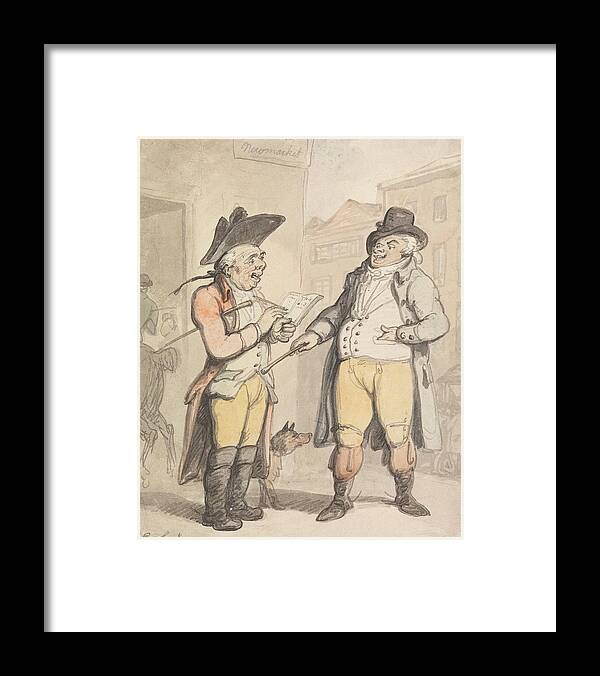 19th Century Art Framed Print featuring the drawing The Bookmaker and his Client outside the Ram Inn, Newmarket by Thomas Rowlandson