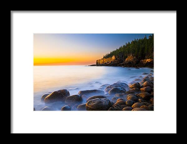 Nature Framed Print featuring the photograph The Boulder Beach At Sunrise Time by Mike He