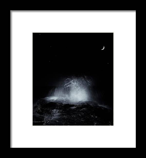 Tranquility Framed Print featuring the photograph The Crescent Moon And Waves Splashing by Stocktrek Images/luis Argerich